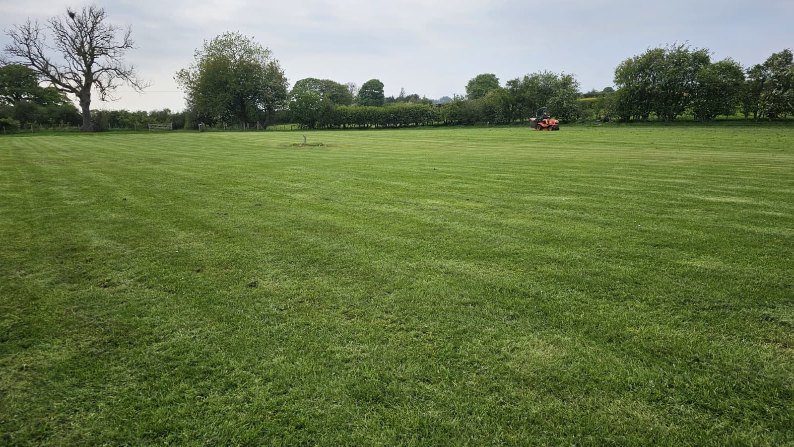 The open, freshly mown grass field where caravans, campers and tents pitch